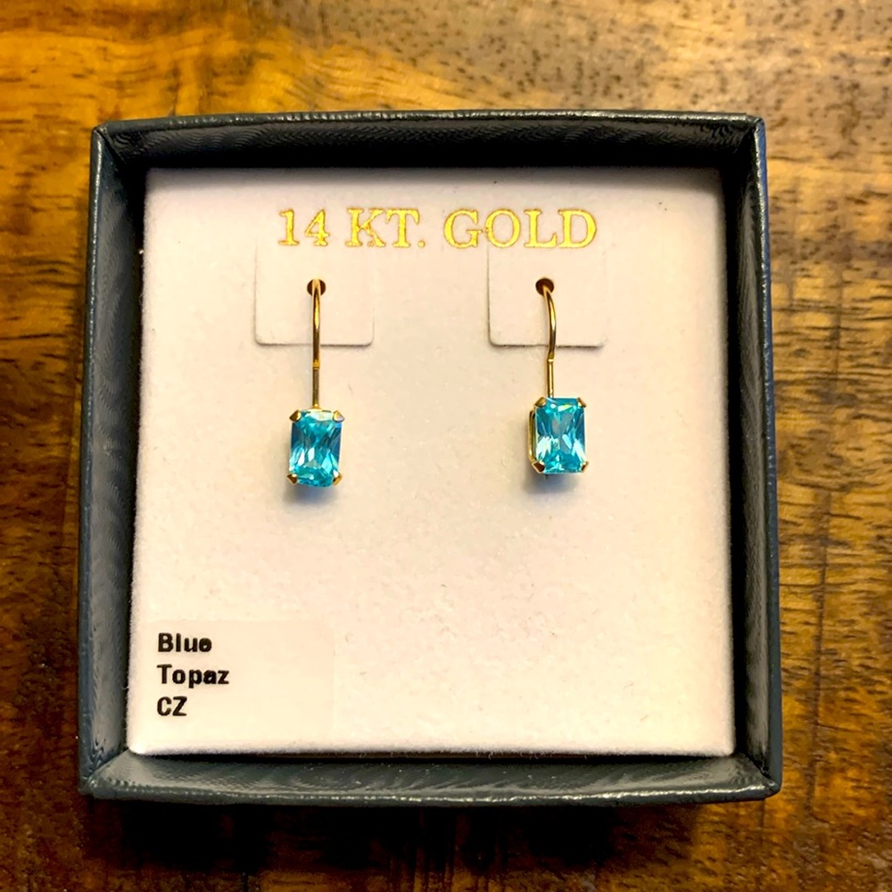 Blue Topaz (cz) 14 kt gold earrings